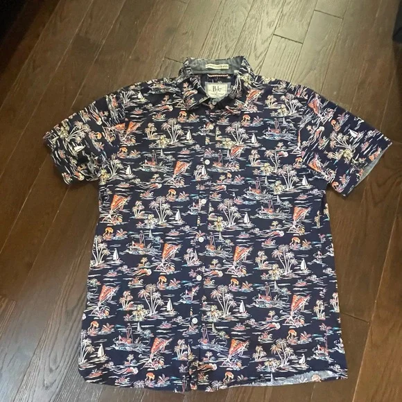Navy Tropical Print Men's Shirt - Picture 9 of 12